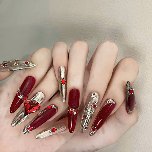 Scarlet Love| Long Almond Manicure | Handmade Press On Nails H273