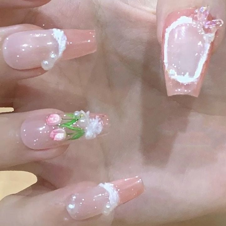 Blooming Tulip | Long Coffin Manicure  | Handmade Press on Nails H96