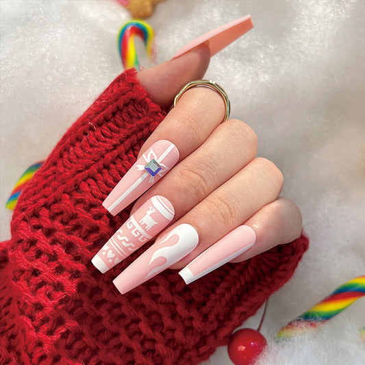 Rosy Reindeer| Long Coffin Manicure | Press On Nails N511