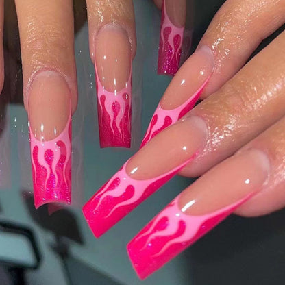 Sizzling Pink Fire| Long Coffin Manicure | Press On Nails N630