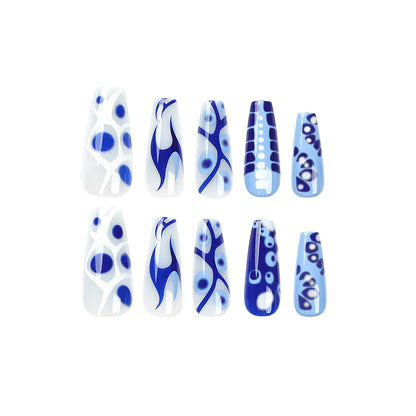 Indigo Tie-Dye | Long Coffin Manicure | Press On Nails N737