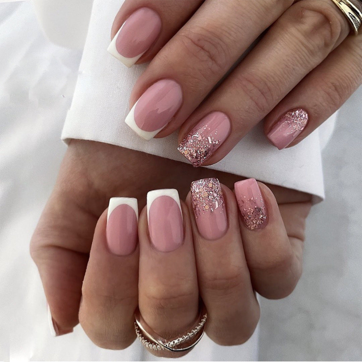 Pink Flower White French| Medium Squoval Manicure | Press on Nails N594