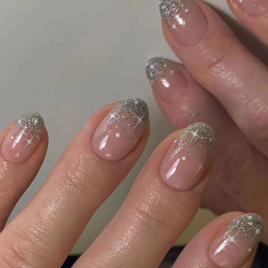 Shimmering Silver Tips| Short Almond Manicure | Press On Nails N337