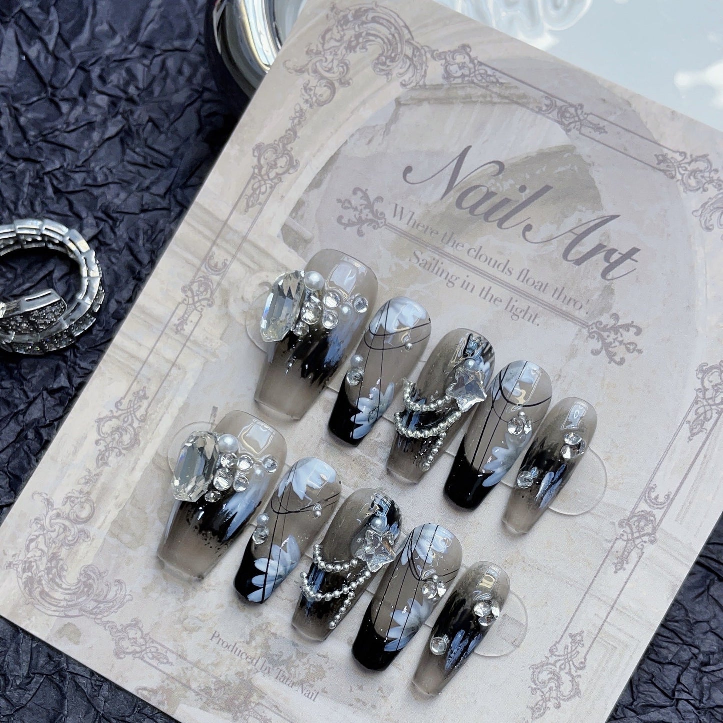 Midnight Bloom|Long Coffin Manicure | Handmade Press On Nail H258