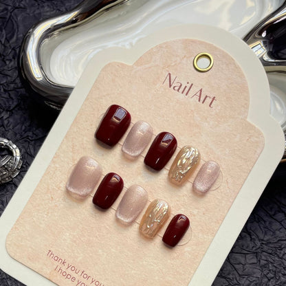 Cherry Gold| Short Squoval Manicure | Handmade Press On Nail H183