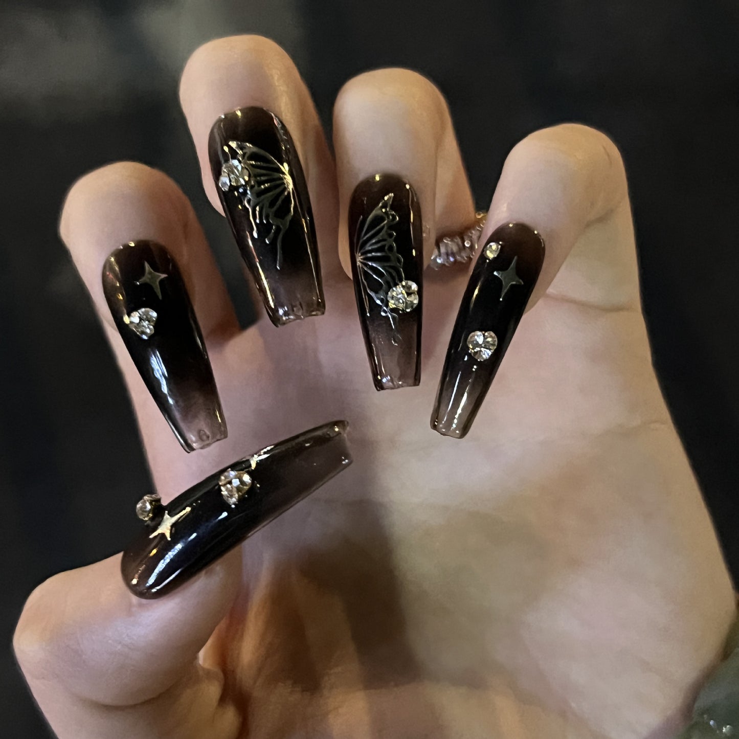 Grace Glitz Butterfly| Long Coffin Manicure | Press On Nails N554