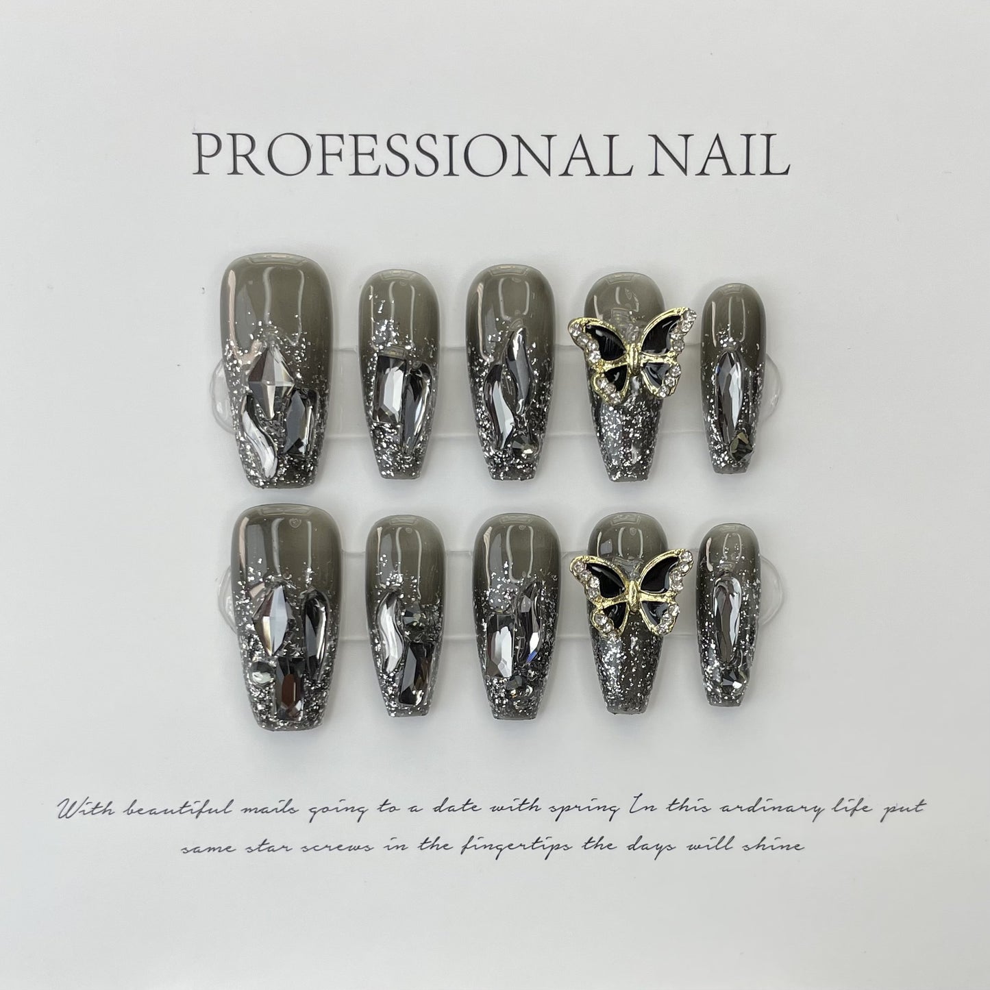 Gunmetal Butterfly| Long Medium Coffin Manicure | Handmade Press On Nail H288