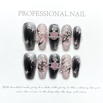 Y2K PinkBlack| Long Coffin Manicure  |Handmade Press on Nails H200