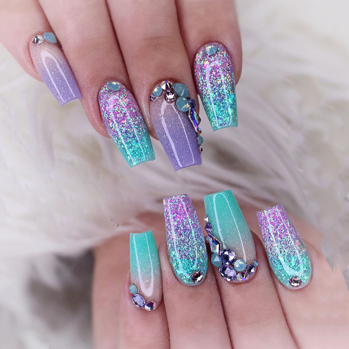 Neon Mermaid Fantasy| Medium Coffin Manicure | Press On Nails N390