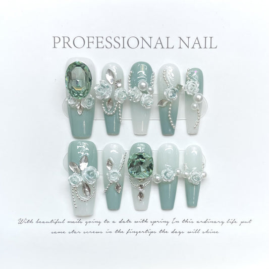 Teal Diamond| Long Coffin Manicure  | Handmade Press on Nails H227