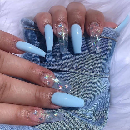 Azure Luster Butterfly | Long Coffin Manicure  | Press On Nails N706