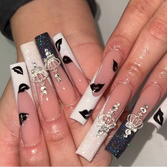 Black White Crown | Long Coffin Manicure  | Press On Nails N334