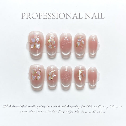 Shimmering Shell |Medium Coffin Manicure | Handmade Press On Nail H146