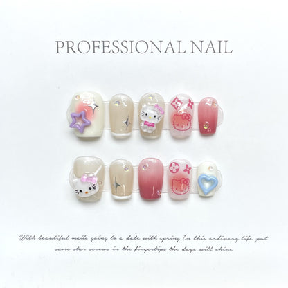 Endearing Hello Kitty |Long Short Coffin Manicure  | Handmade Press on Nails H79