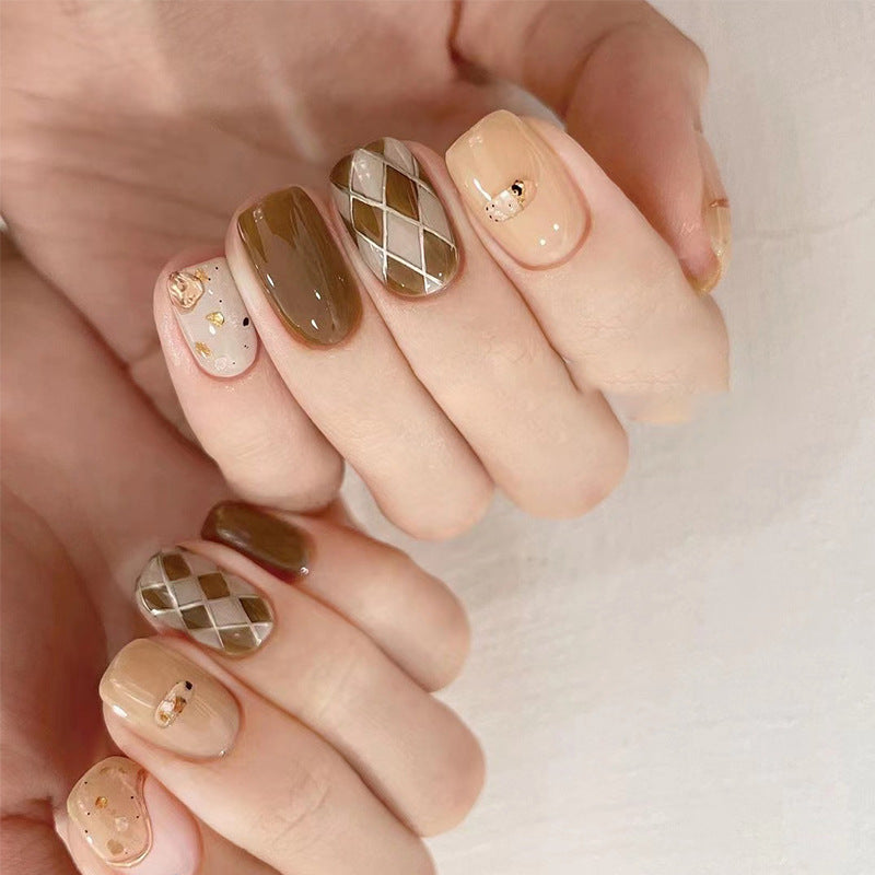 Classic Brown Plaid| Short Squoval Manicure | Press On Nails N643