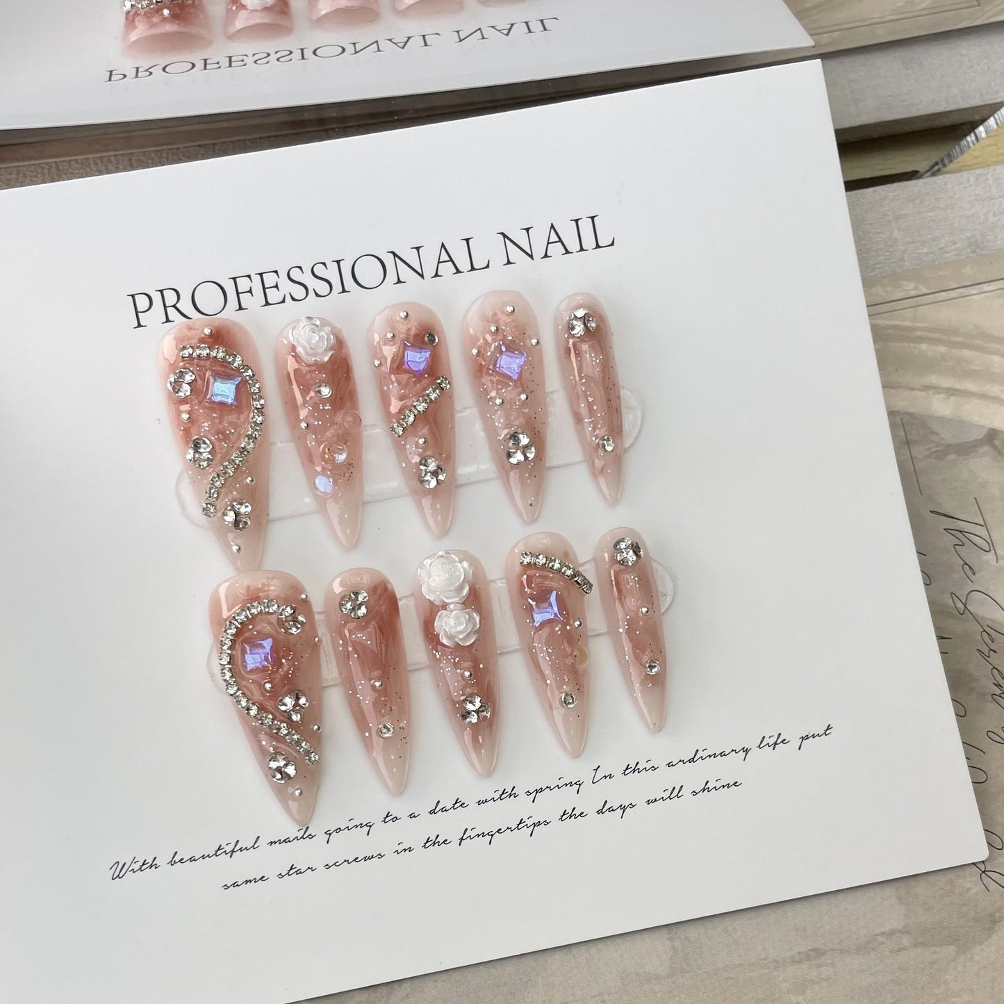 Camellia Glamour | Long Almond Manicure |Handmade Press On Nails H167