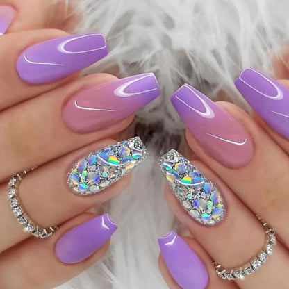 Lilac Sparkle| Long Coffin Manicure  | Press On Nails N352