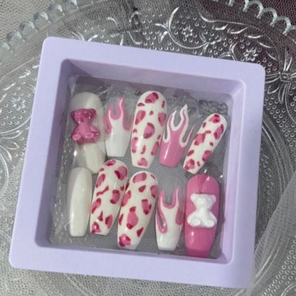 Pink Leopard Flame | Long Coffin Manicure  | Handmade Press on Nails H55