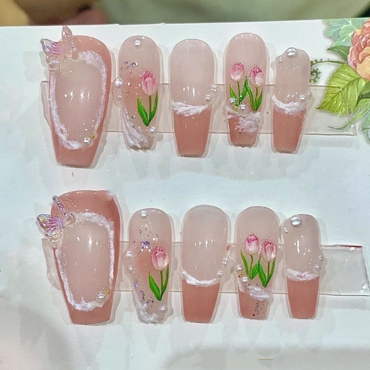 Blooming Tulip | Long Coffin Manicure  | Handmade Press on Nails H96