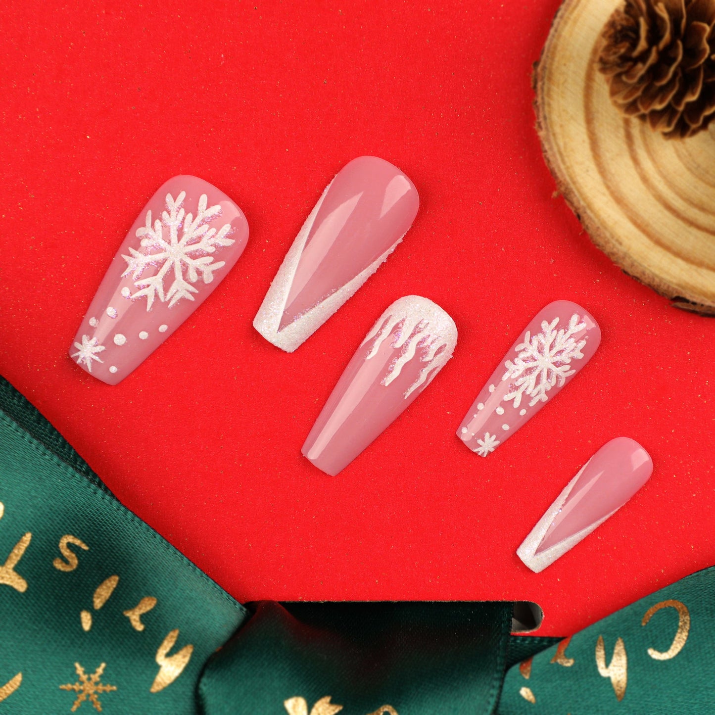 Christmas Blush Snowflakes| Long Coffin Manicure | Press On Nails N507