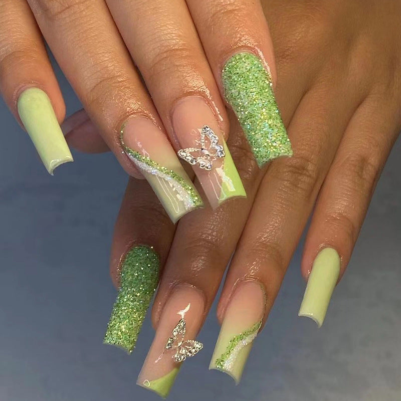 Lime Sparkle Wings| Long Coffin Manicure | Press On Nails N598