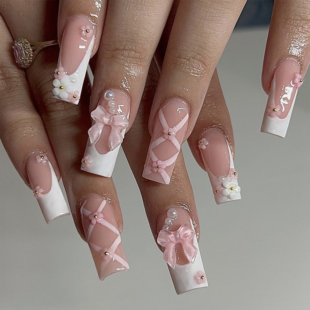 Pink Bow Blooms Elegance| Medium Coffin Manicure | Press On Nails N646