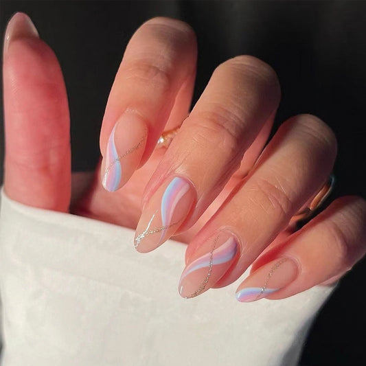 Tranquil Pink Blue Waves| Medium Almond Manicure | Press On Nails N392