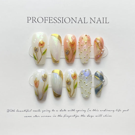 Enamel Tulip| Long Coffin Manicure| Handmade Press on Nails H212