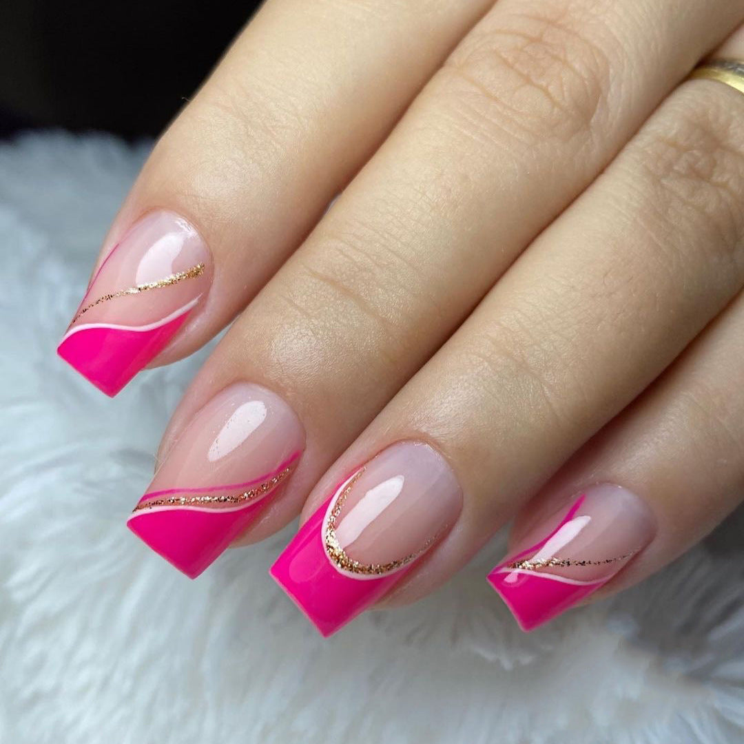 Rosy Tips Gilded Line| Medium Squoval Manicure | Press On Nails N583