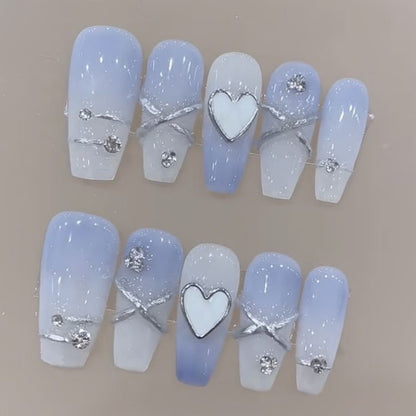 Soothing Azure| Long Coffin Manicure  | Handmade Press on Nails H46