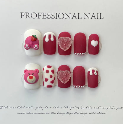 Lovely Strawberry Bear  | Short Squoval Manicure | Handmade Press On Nails H100