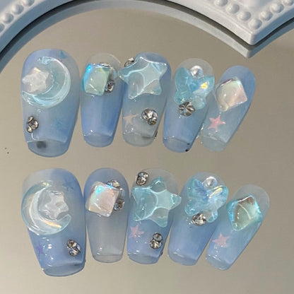 Azure Serenity| Long Coffin Manicure  | Handmade Press on Nails H13