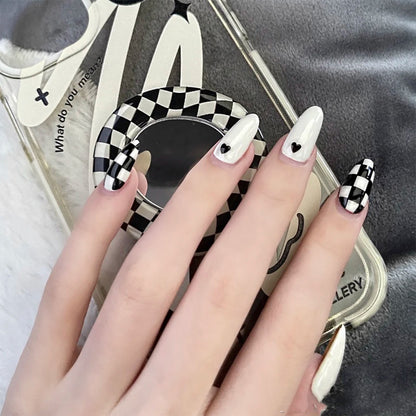 Monochrome Checkmate | Short Almond Manicure | Press On Nails N662