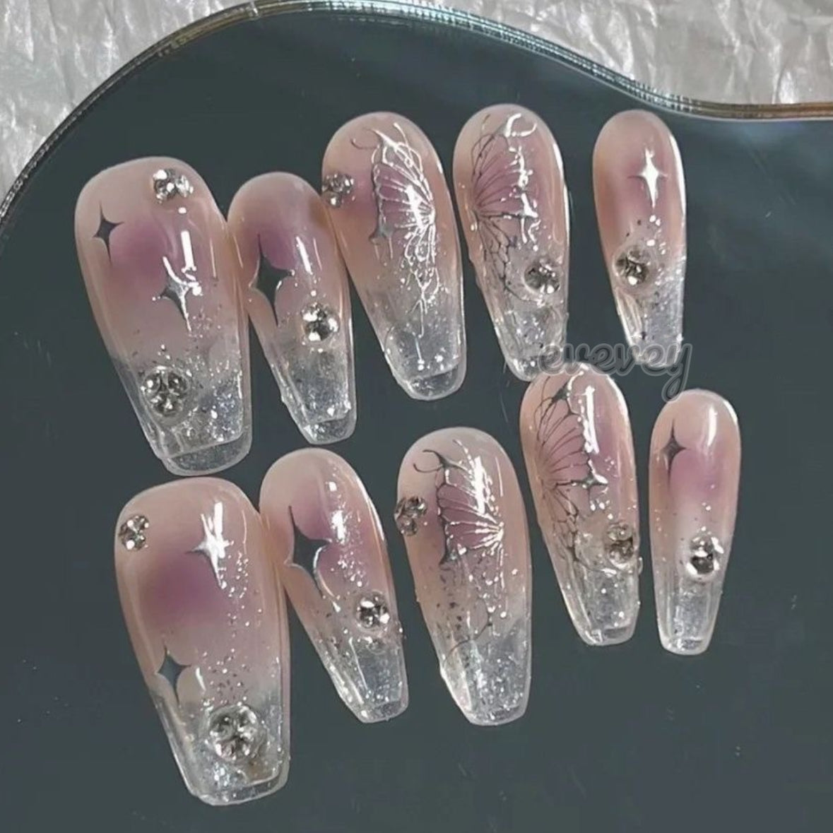 Blushing Monochrome Butterfly| Long Medium Coffin Manicure|Handmade Press on Nails H41