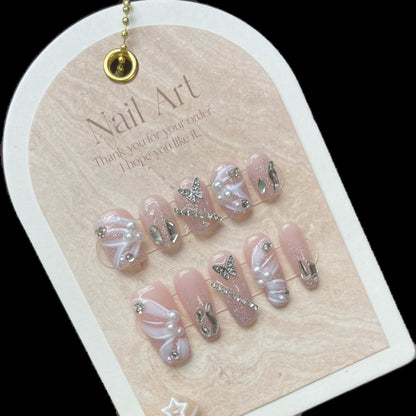 Shimmering Butterfly| Long Coffin Manicure| Handmade Press on Nails H191