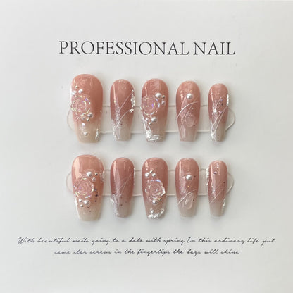 Camellia Glamour | Long Almond Manicure |Handmade Press On Nails H167