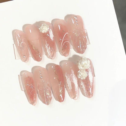 Twinkling Fairy Camellia | Medium Almond Manicure | Handmade Press On Nails H93