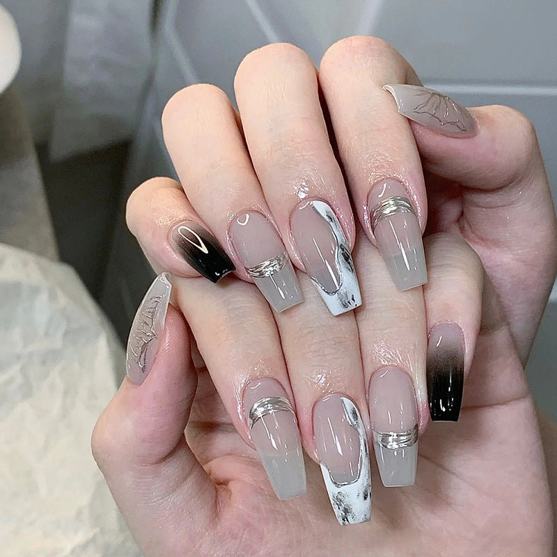 Stylish Grey  | Long Coffin Manicure  | Press on Nail