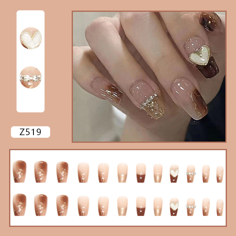 Caramel Ombre Heart Diamond| Long Coffin Manicure  | Press On Nail