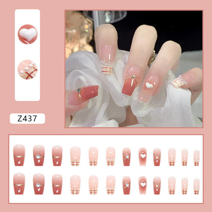 Pink Heart Diamond French  | Medium Coffin Manicure | Press On Nail