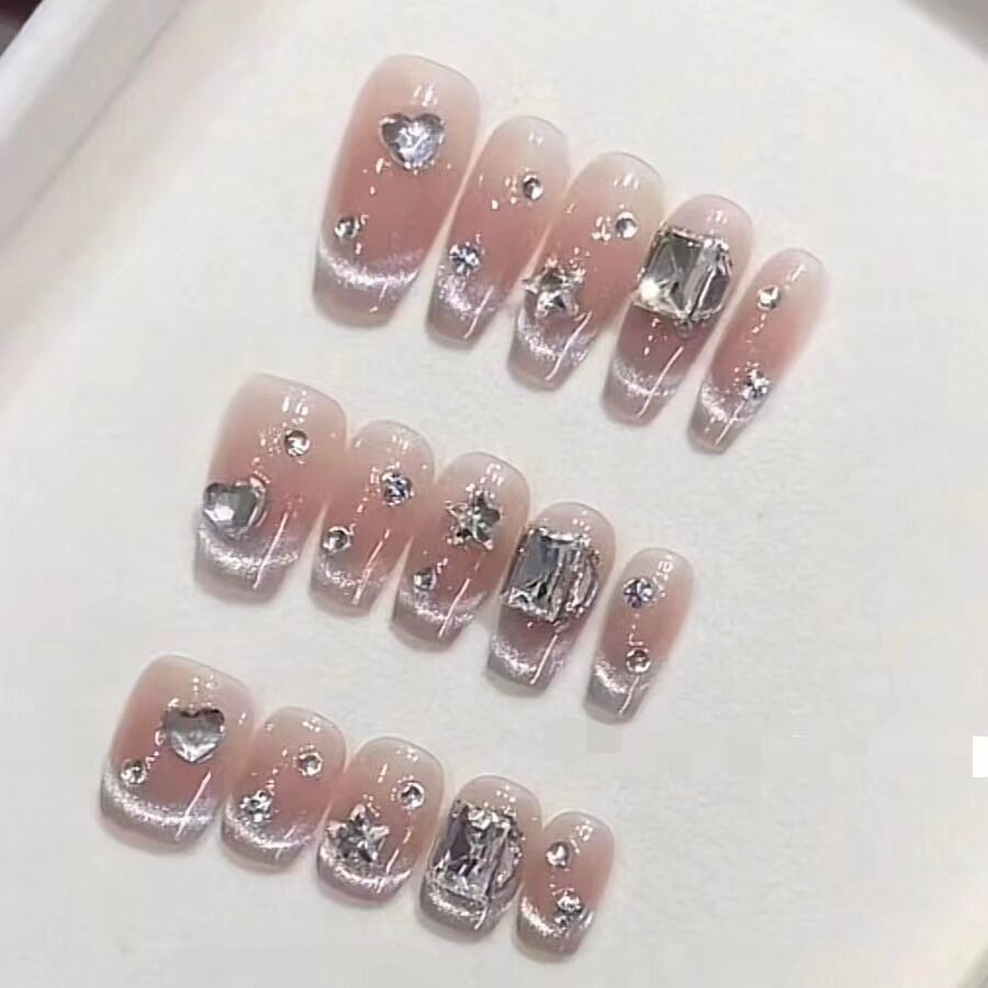 Glinting Peachy Cascade |Long Coffin Manicure |Handmade Press on Nails H166