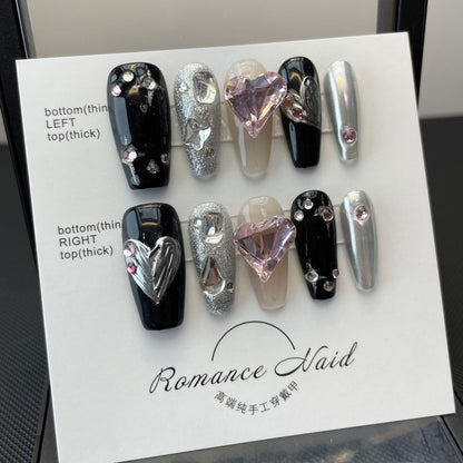 Y2K BlackPink Heart| Long Short Coffin Manicure|Handmade Press on Nails H171