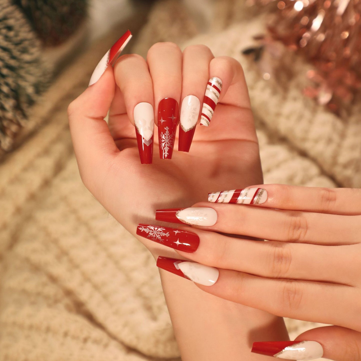 Snowy Red Christmas Bliss| Long Coffin Manicure  | Press On Nails N422