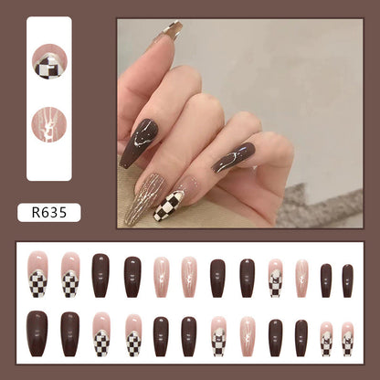 Brown Checkerboard  | Press On Nails | Long Coffin Manicure