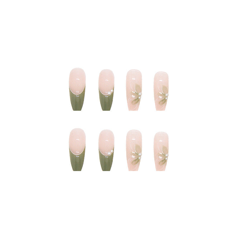 Greenery Bloom Pearl | Long Coffin Manicure  | Press On Nails