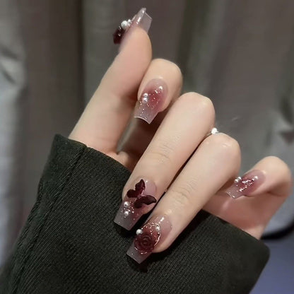 Burgundy Butterfly| Long Coffin Manicure|Handmade Press on Nails H142