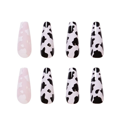 Pink Black Cow | Long Coffin Manicure | Press On Nails N433