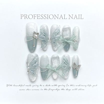 Faerie Cyan Wings| Long Almond Manicure |Handmade Press On Nails H149