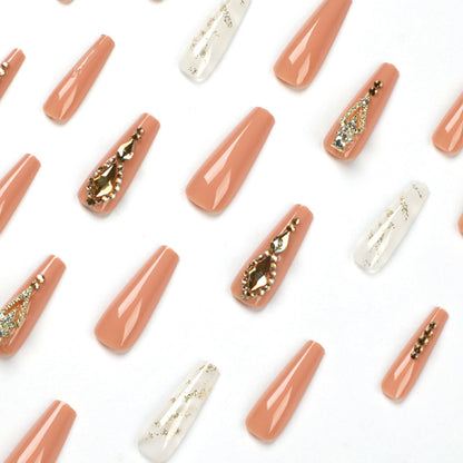 Luxe Peachy Sparkle| Long Coffin Manicure | Press On Nails N619