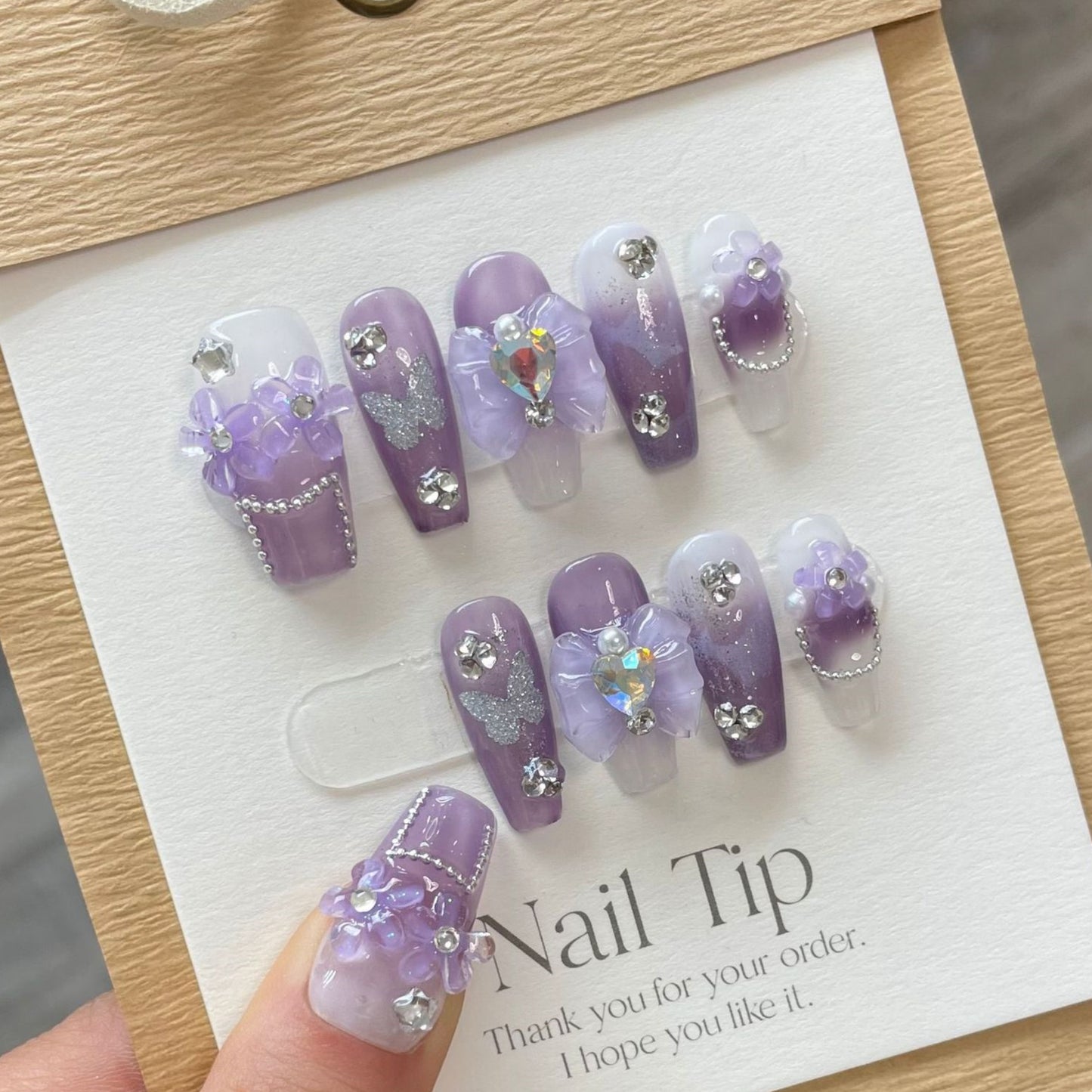 Orchid Butterfly| Long Coffin Manicure| Handmade Press on Nails H284